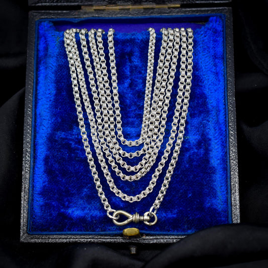 Antique French Silver Fancy Long Guard Sautoir Chain Necklace with Screw Dog Clip | 56"