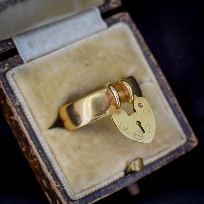 Antique Heart Padlock Drop 9ct Yellow Gold Band Ring | Birmingham 1921