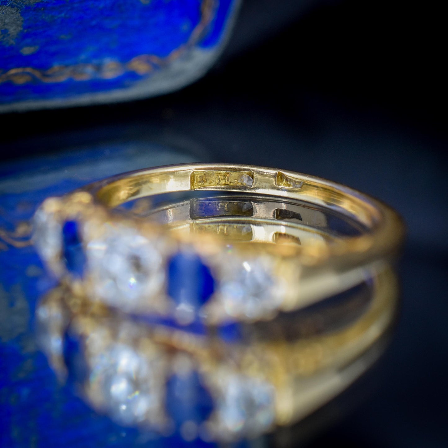 Antique Diamond and Blue Sapphire Five Stone 18ct Yellow Gold Scroll Ring