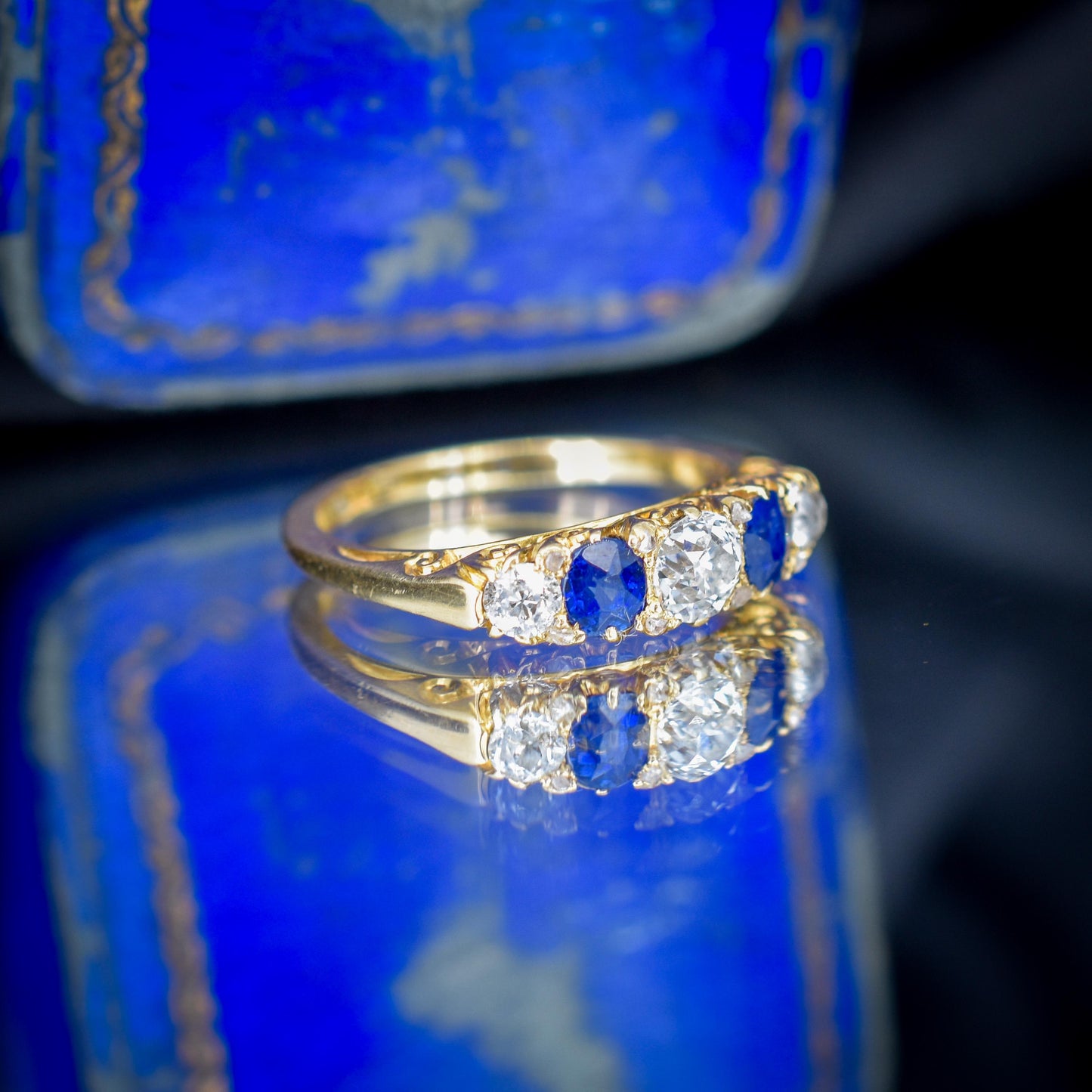 Antique Diamond and Blue Sapphire Five Stone 18ct Yellow Gold Scroll Ring