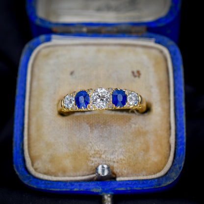 Antique Diamond and Blue Sapphire Five Stone 18ct Yellow Gold Scroll Ring