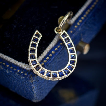 French Cut Royal Blue Sapphire Horseshoe 18ct Gold Charm Pendant - 0.55ct