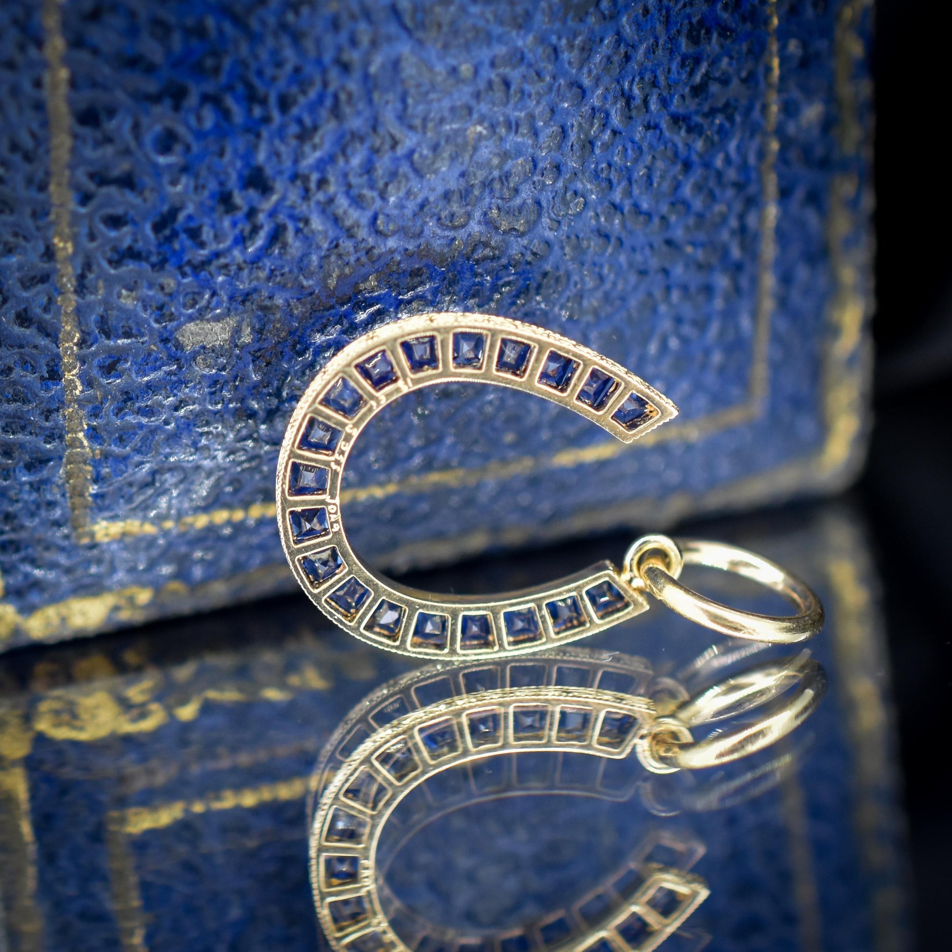 French Cut Royal Blue Sapphire Horseshoe 18ct Gold Charm Pendant - 0.55ct