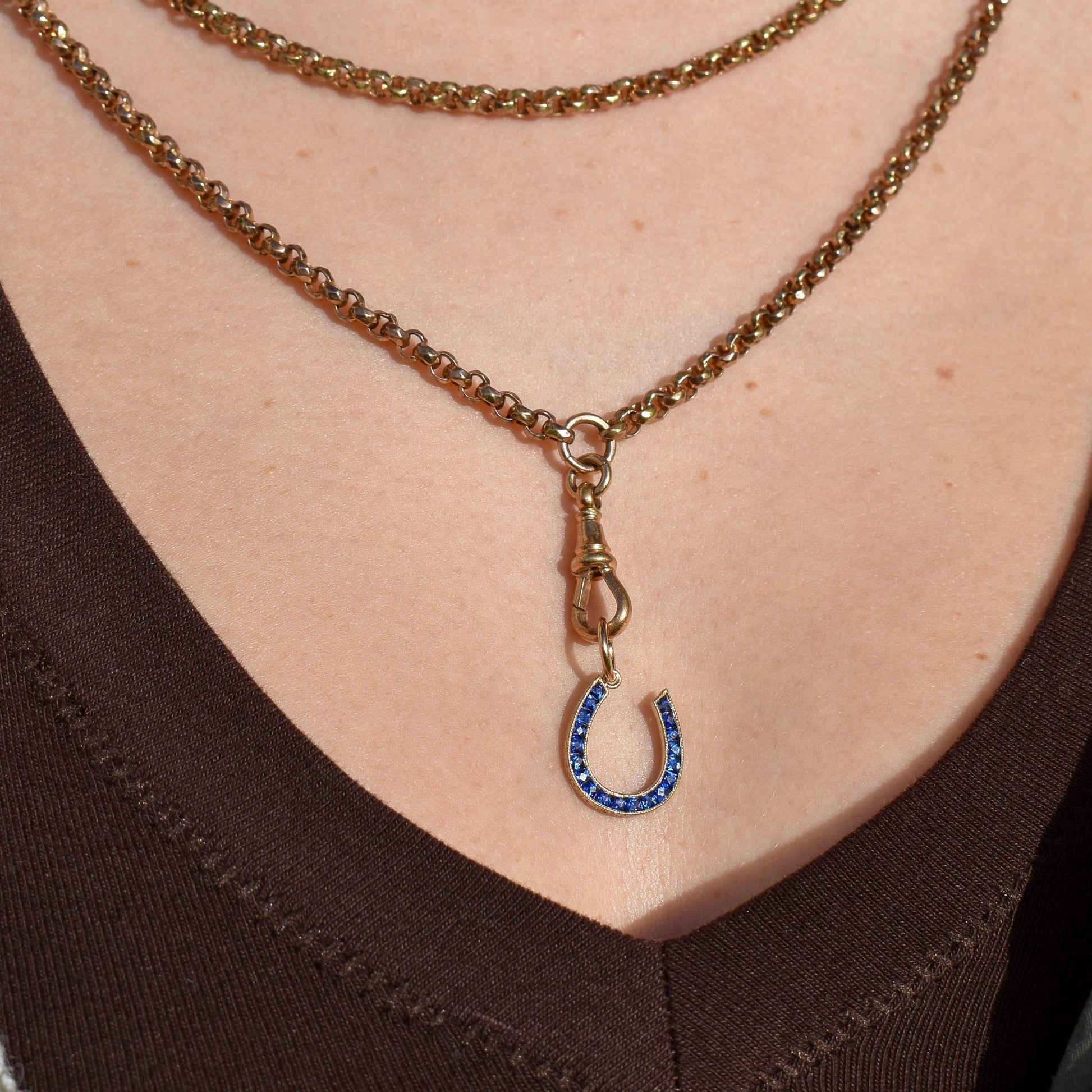 French Cut Royal Blue Sapphire Horseshoe 18ct Gold Charm Pendant - 0.55ct