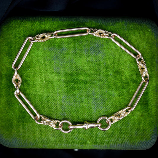 Vintage 9ct Gold Trombone and Love Knot Bracelet with Dog Clip | 8"