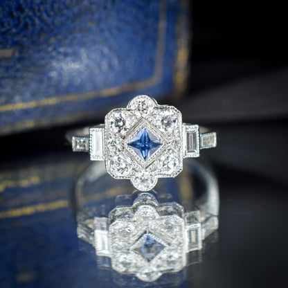 Art Deco Style Blue Sapphire and Diamond Halo Platinum Ring
