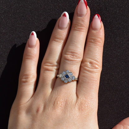 Art Deco Style Blue Sapphire and Diamond Halo Platinum Ring