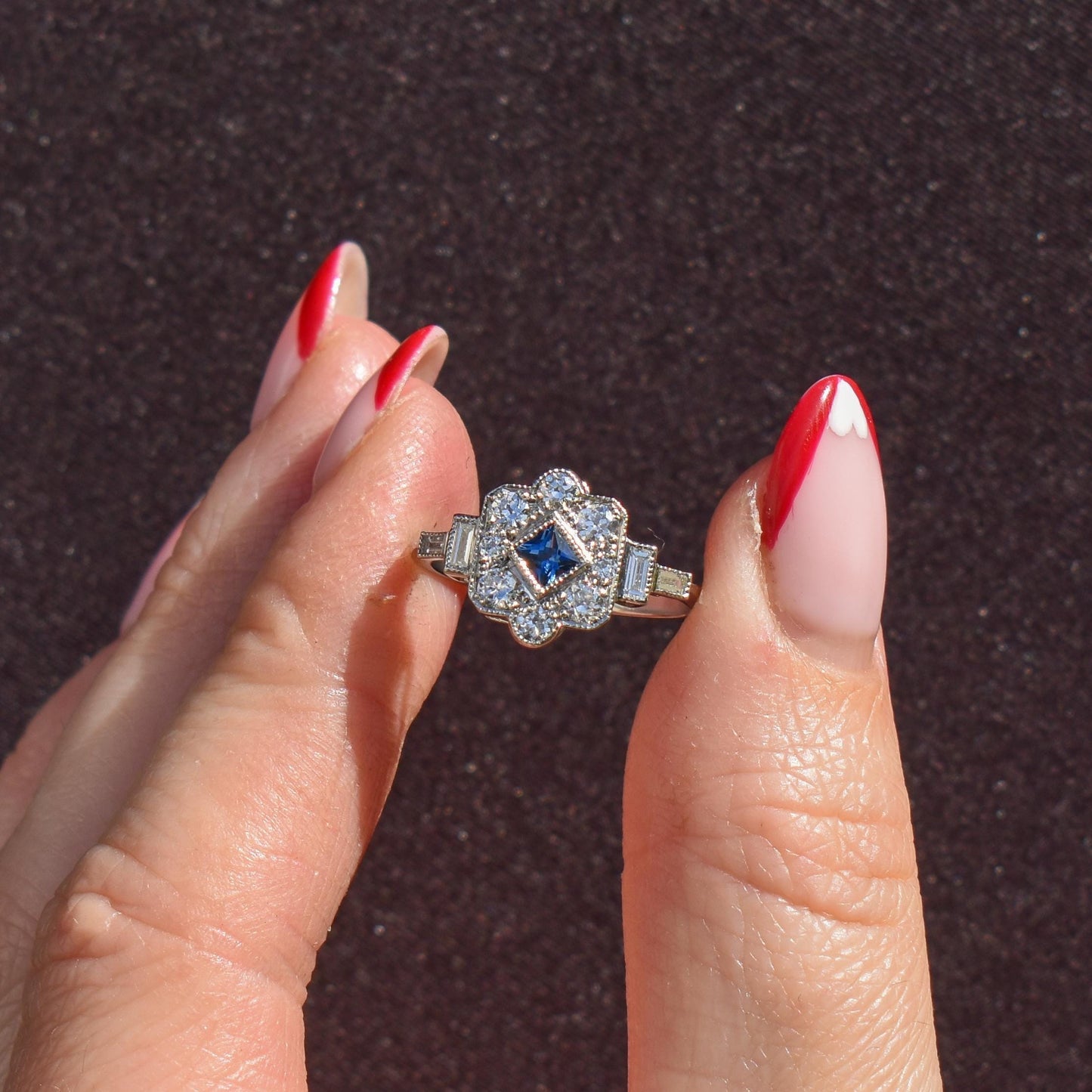 Art Deco Style Blue Sapphire and Diamond Halo Platinum Ring