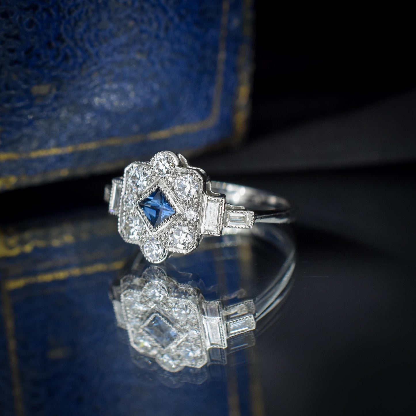 Art Deco Style Blue Sapphire and Diamond Halo Platinum Ring