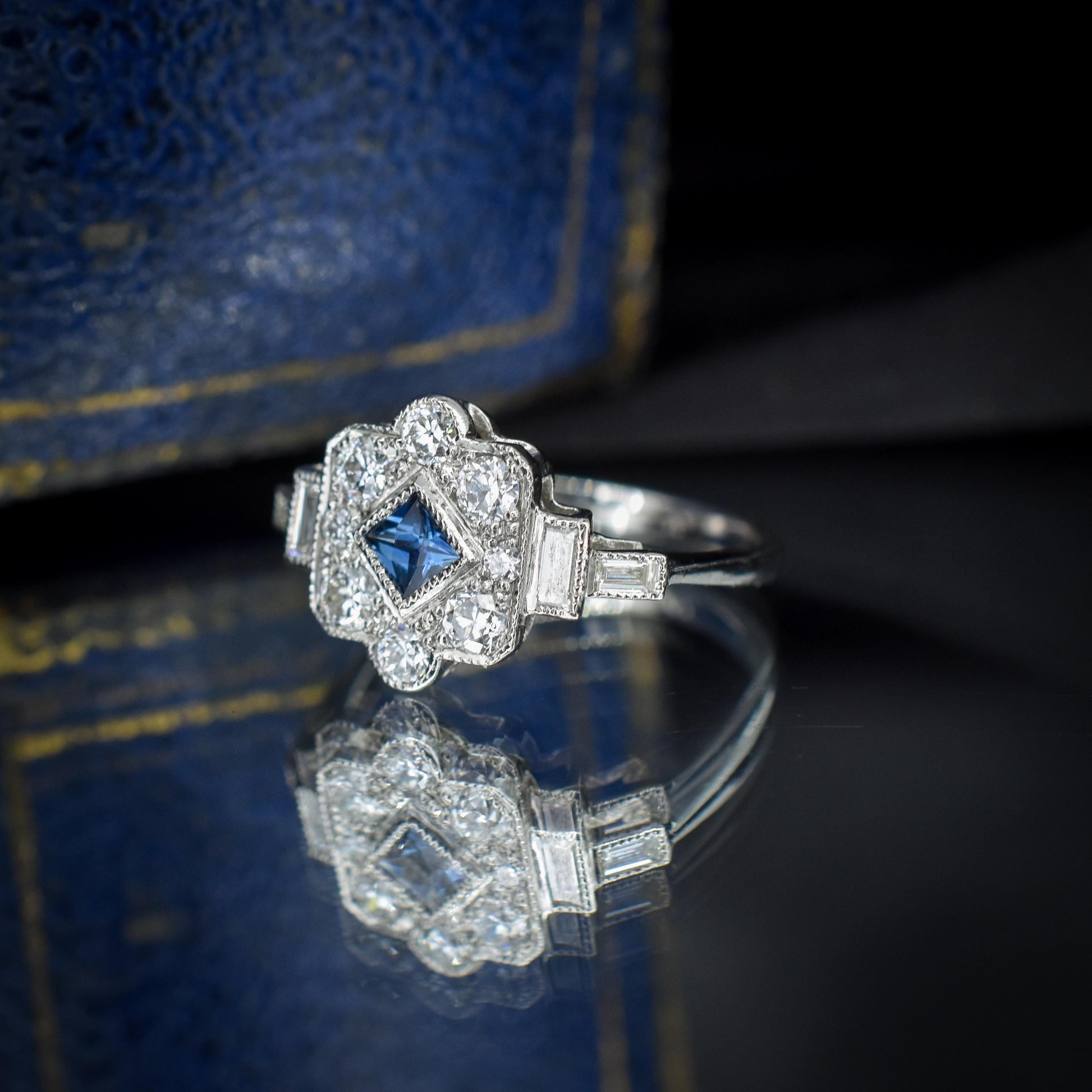 Art Deco Style Blue Sapphire and Diamond Halo Platinum Ring