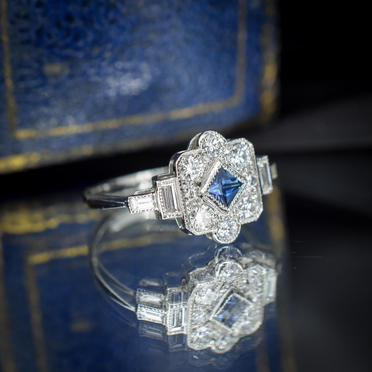 Art Deco Style Blue Sapphire and Diamond Halo Platinum Ring