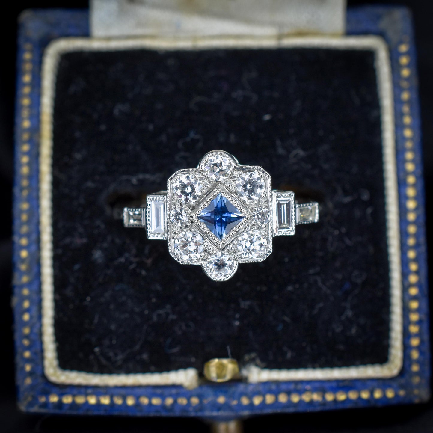 Art Deco Style Blue Sapphire and Diamond Halo Platinum Ring