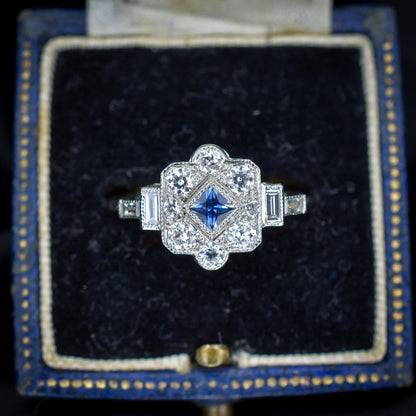 Art Deco Style Blue Sapphire and Diamond Halo Platinum Ring