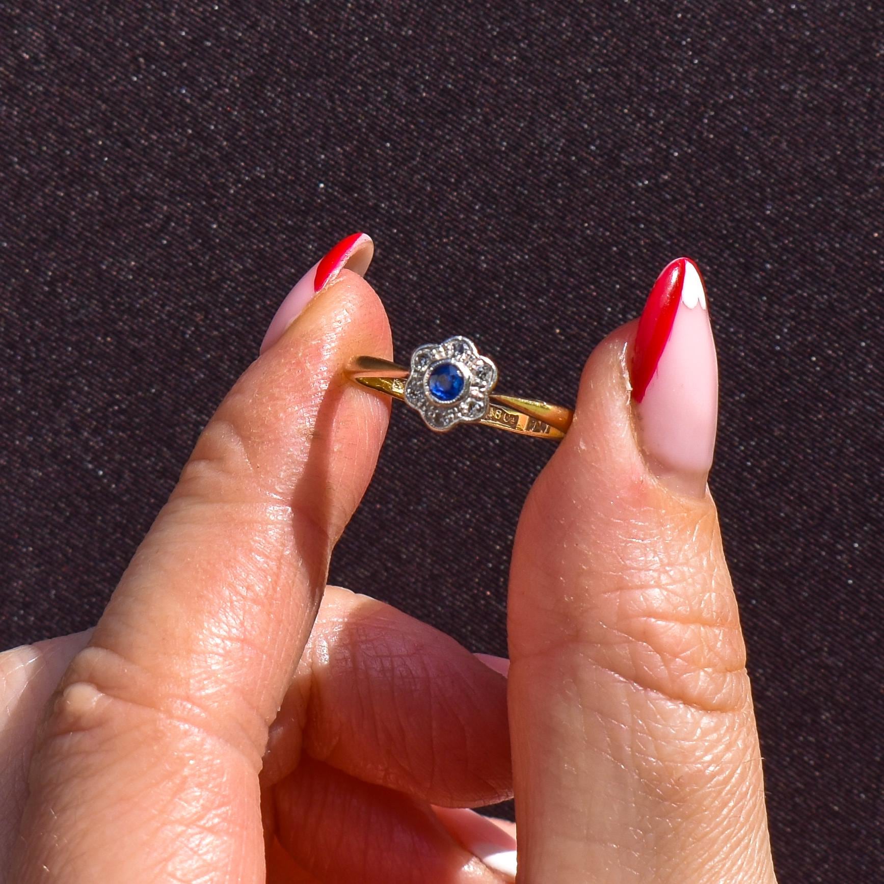 Antique Sapphire and Diamond Cluster 18ct Gold and Platinum Ring