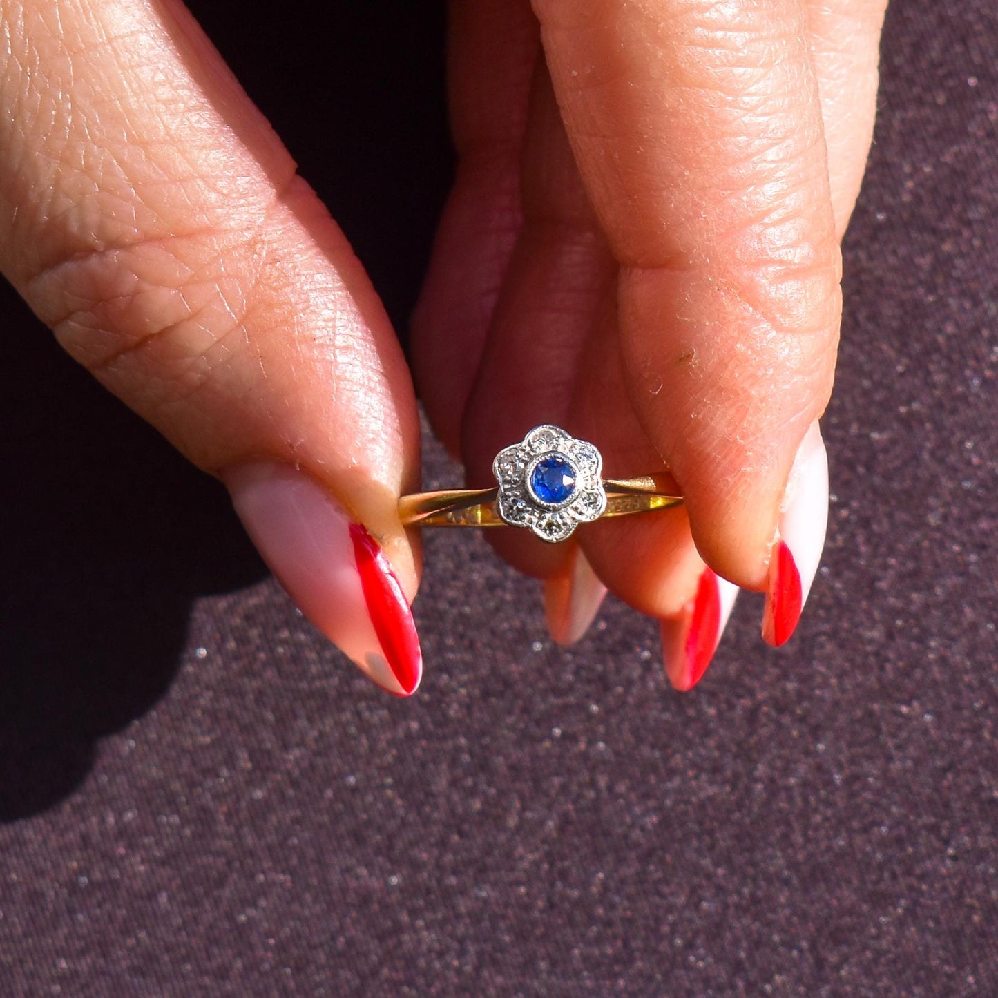 Antique Sapphire and Diamond Cluster 18ct Gold and Platinum Ring