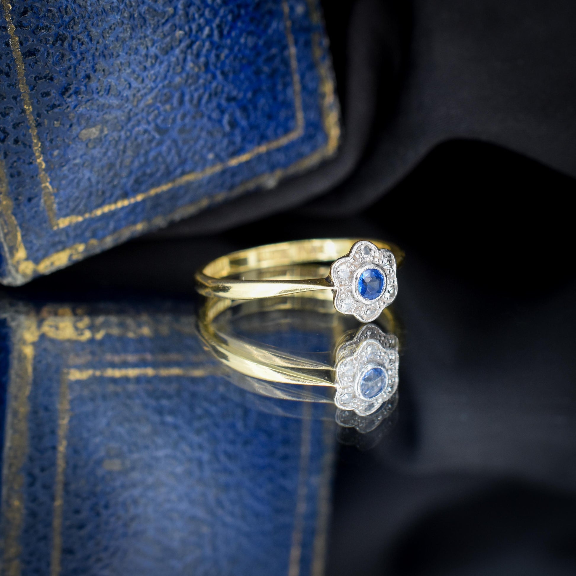 Antique Sapphire and Diamond Cluster 18ct Gold and Platinum Ring