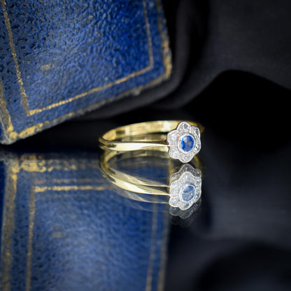 Antique Sapphire and Diamond Cluster 18ct Gold and Platinum Ring