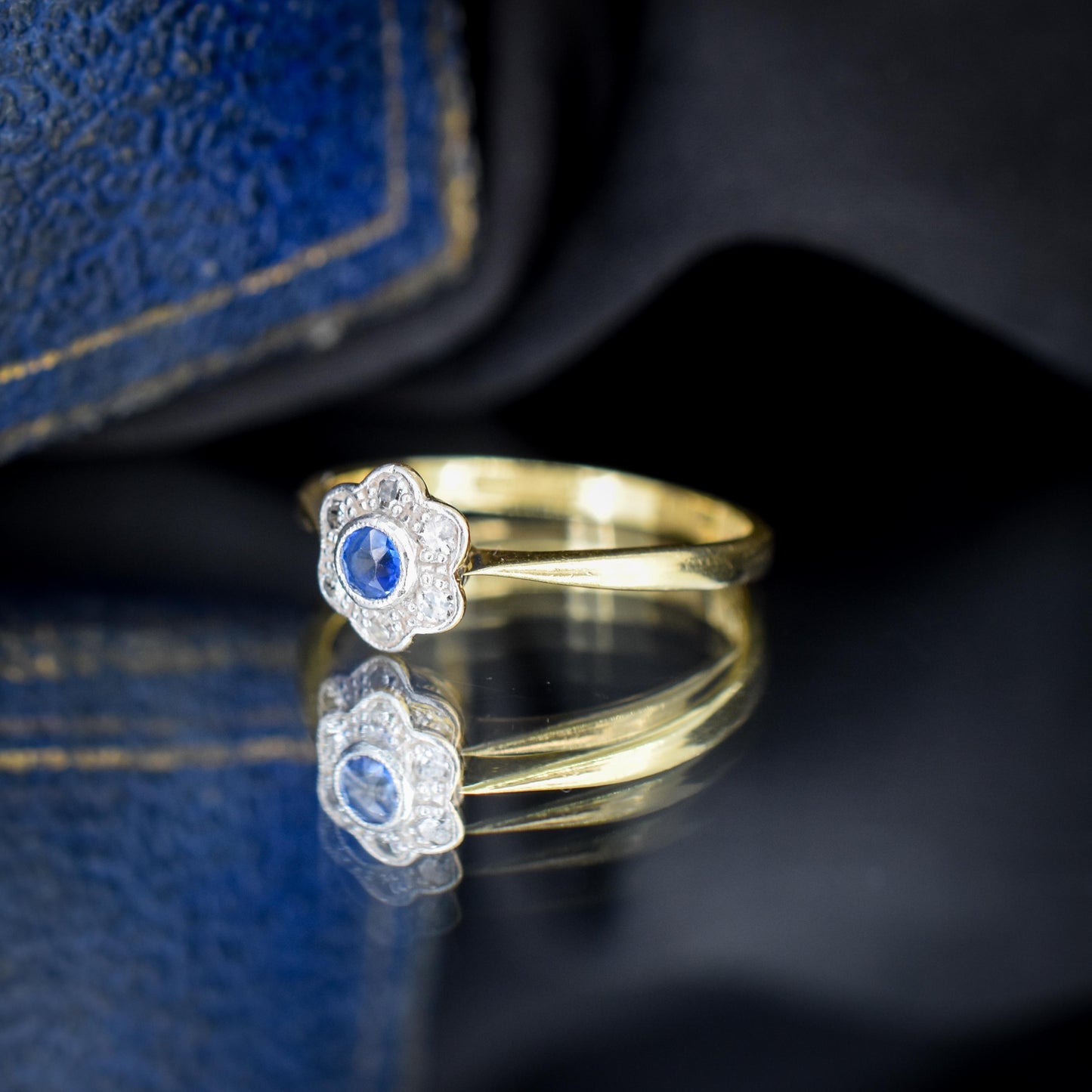 Antique Sapphire and Diamond Cluster 18ct Gold and Platinum Ring