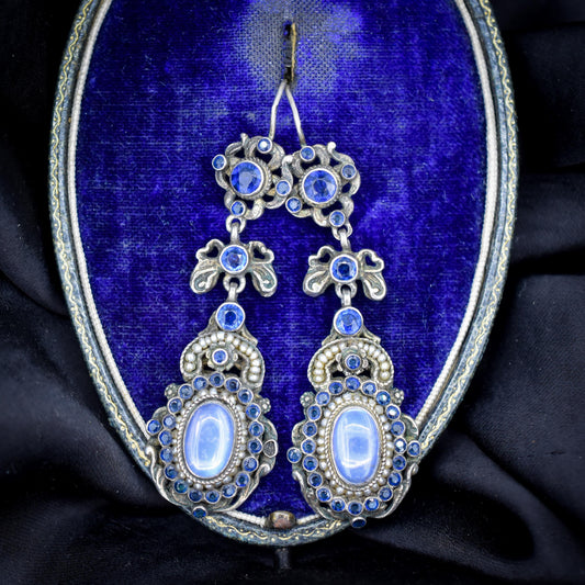Antique Silver Austro-Hungarian Moonstone Drop Earrings