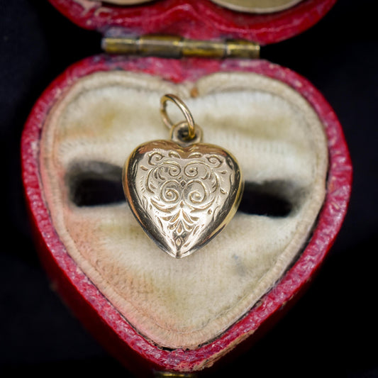 Vintage 9ct Gold Engraved Puffy Heart Pendant | Dated 1965