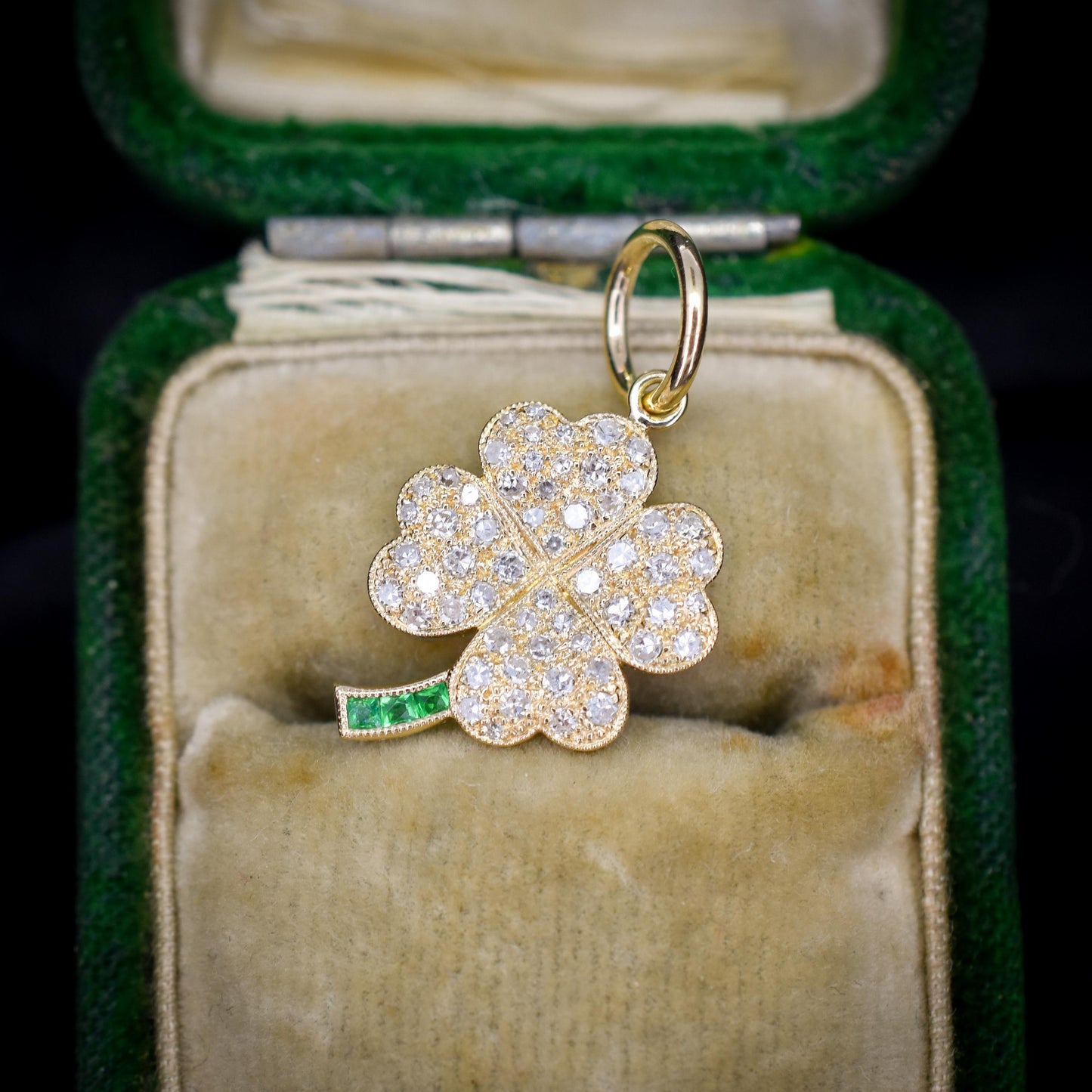 Diamond and Emerald Four-Leaf Clover 18ct Gold Charm Pendant
