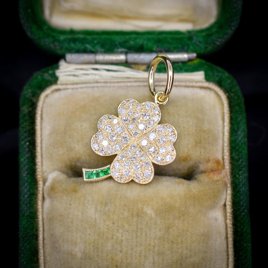 Diamond and Emerald Four-Leaf Clover 18ct Gold Charm Pendant