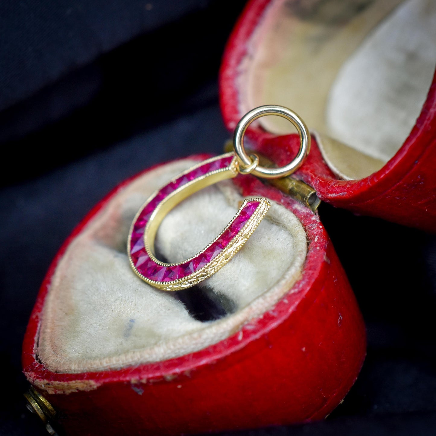 French Cut Ruby Horseshoe 18ct Yellow Gold Charm Pendant - 0.55ct