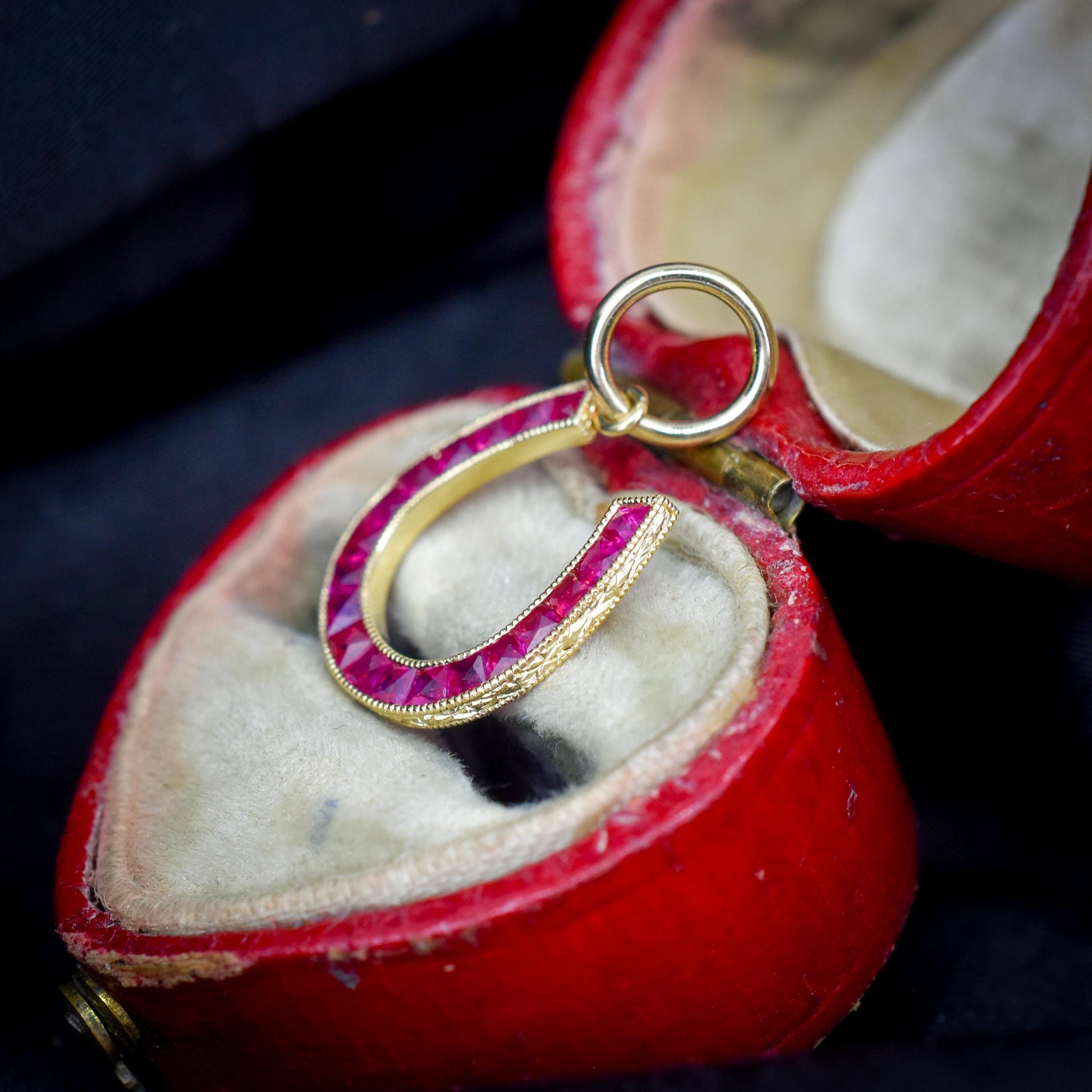 French Cut Ruby Horseshoe 18ct Yellow Gold Charm Pendant - 0.55ct