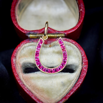 French Cut Ruby Horseshoe 18ct Yellow Gold Charm Pendant - 0.55ct