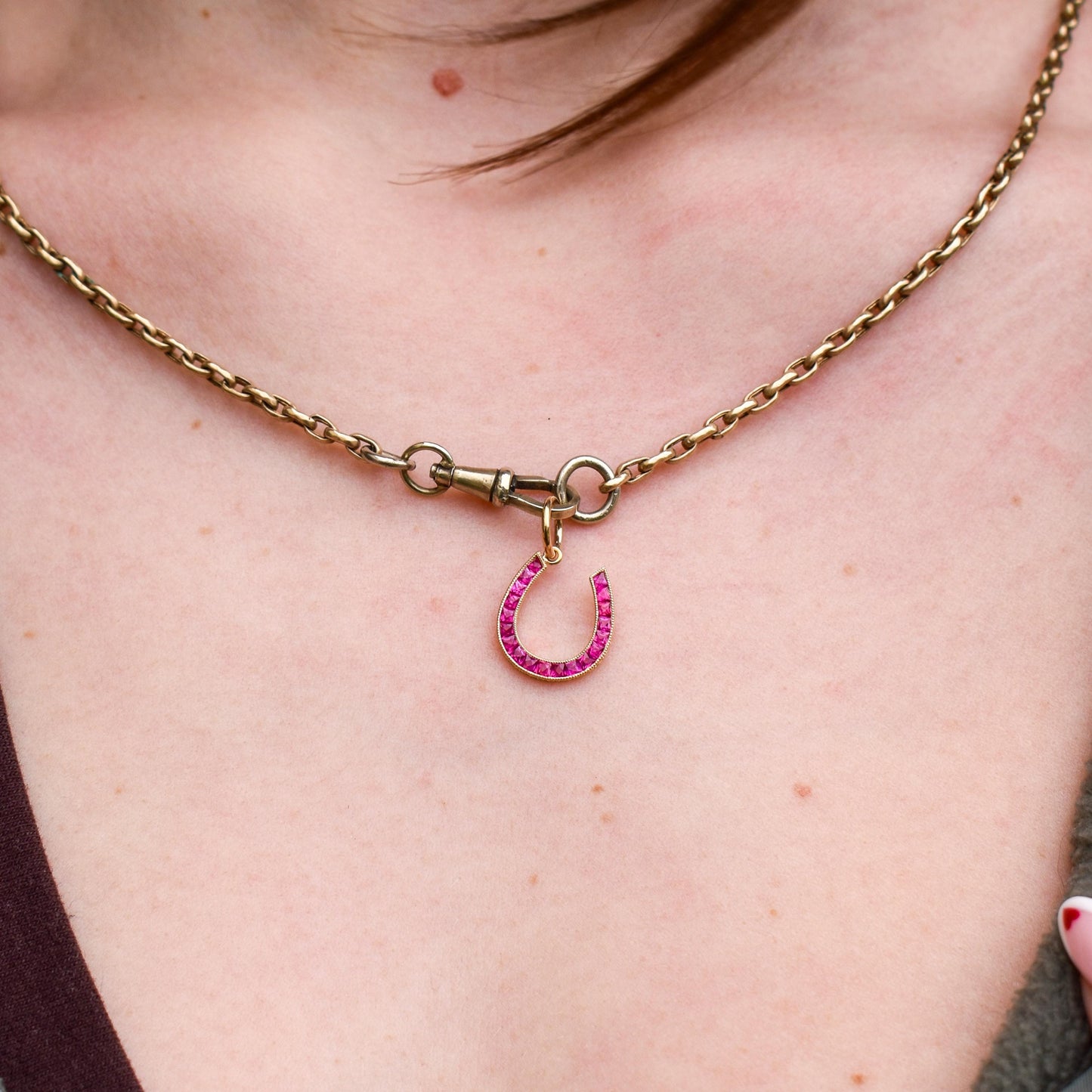 French Cut Ruby Horseshoe 18ct Yellow Gold Charm Pendant - 0.55ct