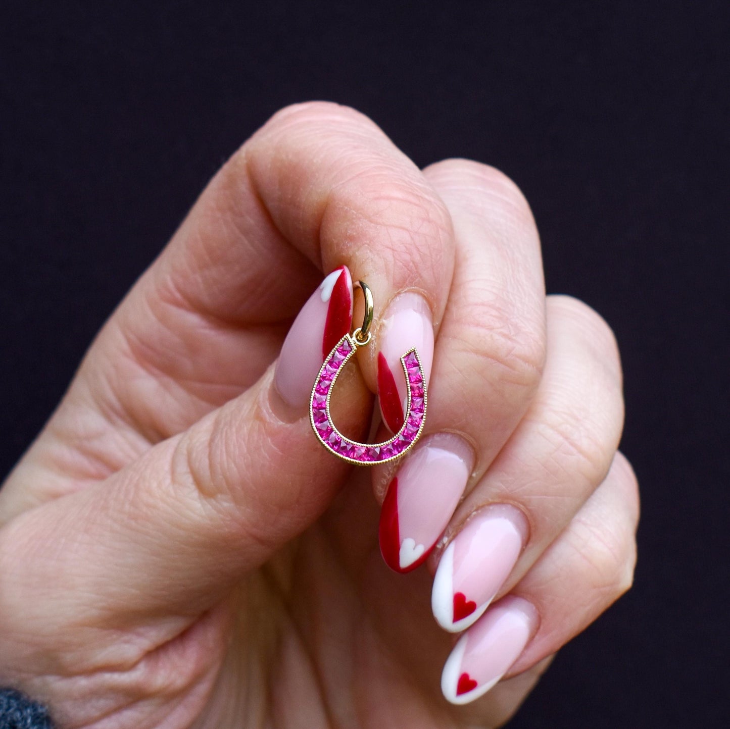 French Cut Ruby Horseshoe 18ct Yellow Gold Charm Pendant - 0.55ct