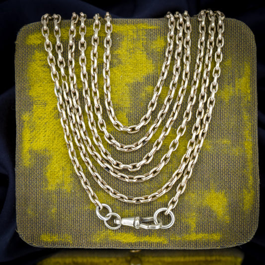 Antique Rolled Gold Faceted Belcher Link Muff Guard Chain Necklace With Dog Clip | 57"