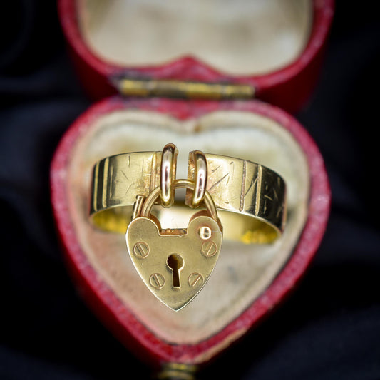 Antique Patterned Heart Padlock Drop 9ct Yellow Gold Band Ring | Chester 1880