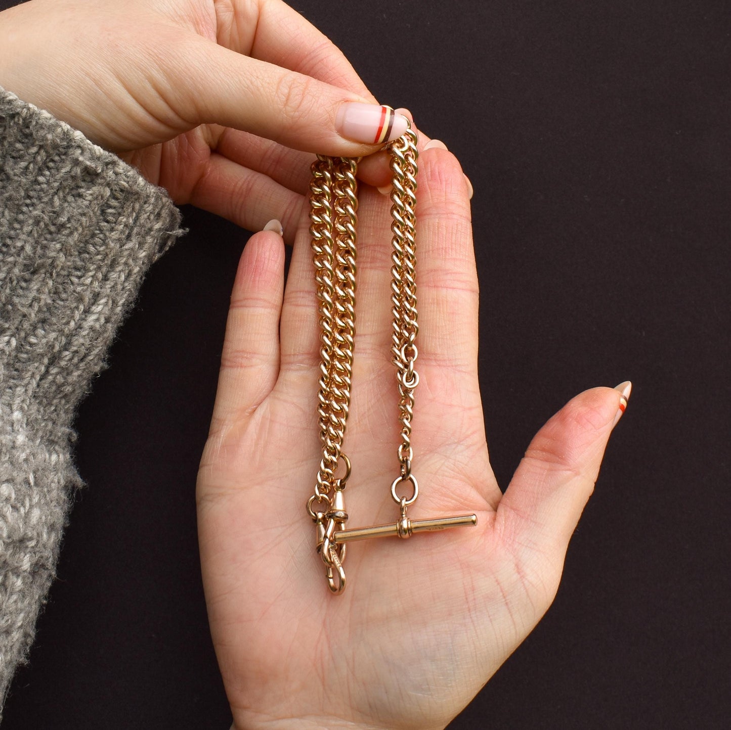 Antique Rolled Gold Curb Chain with T-Bar and Double Dog Clips - 16"