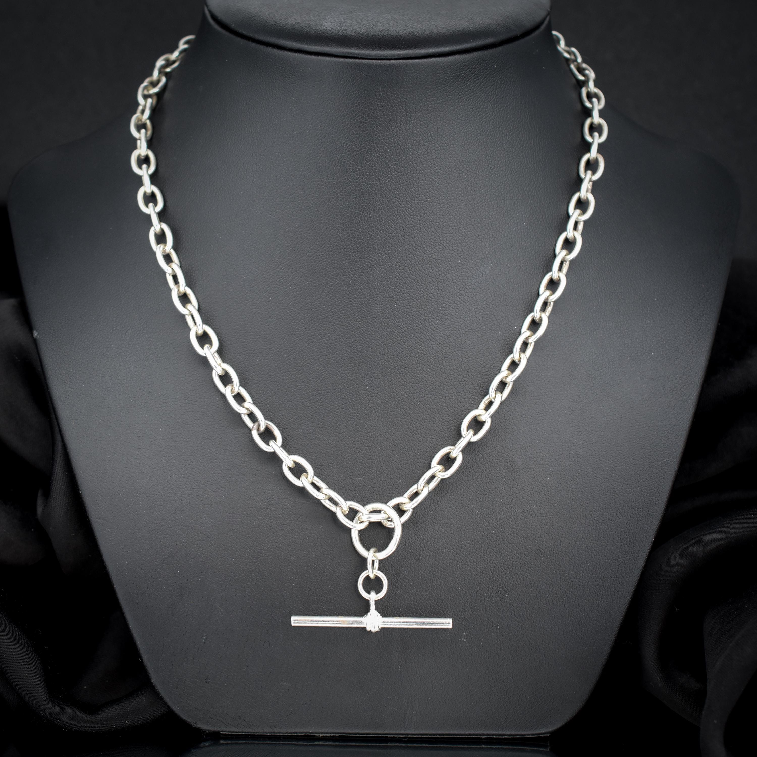 Vintage Silver Oval Cable Link Chain Necklace with Sliding T-bar