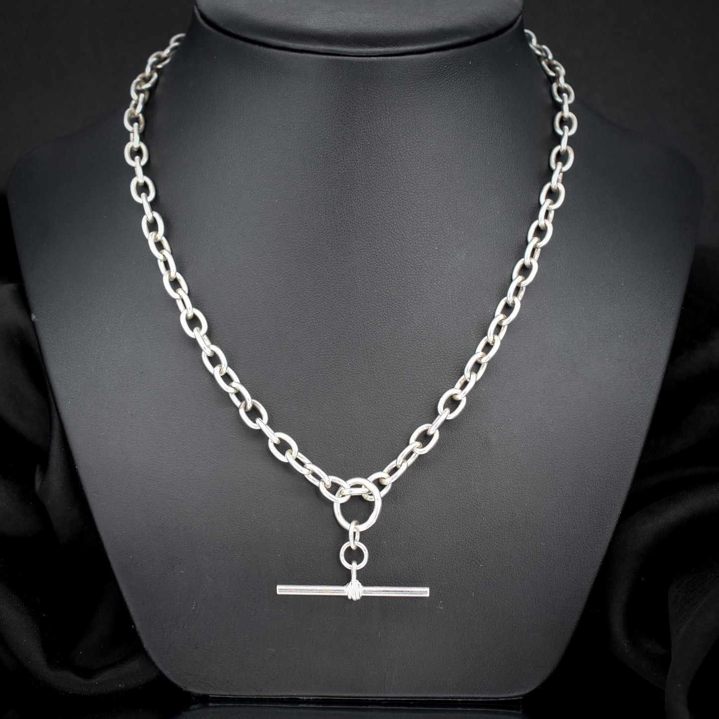 Vintage Silver Oval Cable Link Chain Necklace with Sliding T-bar and Dog Clips | 17" Length