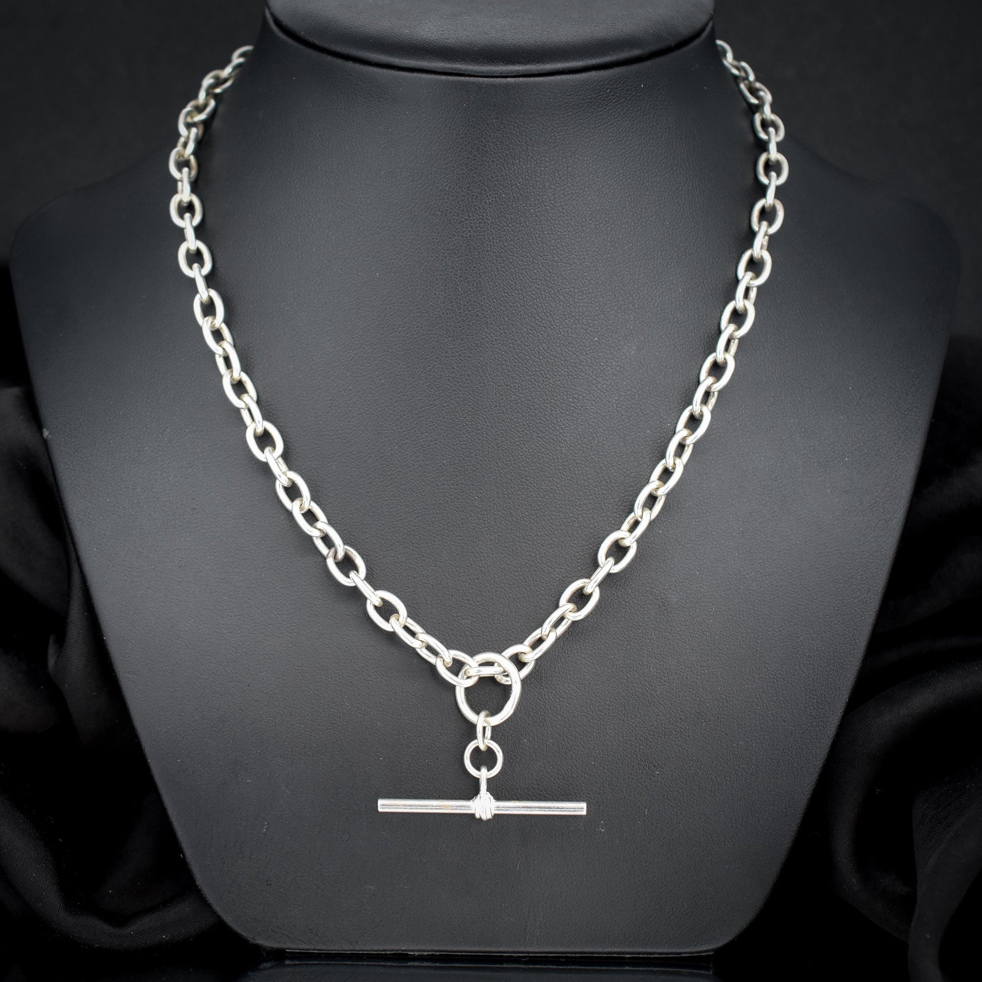 Vintage Silver Oval Cable Link Chain Necklace with Sliding T-bar and Dog Clips | 17" Length