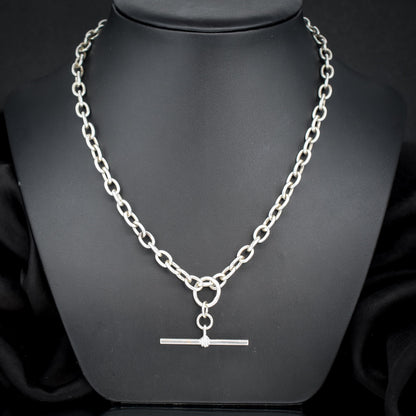 Vintage Silver Oval Cable Link Chain Necklace with Sliding T-bar and Dog Clips | 17" Length