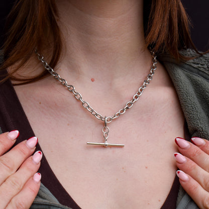Vintage Silver Oval Cable Link Chain Necklace with Sliding T-bar and Dog Clips | 17" Length