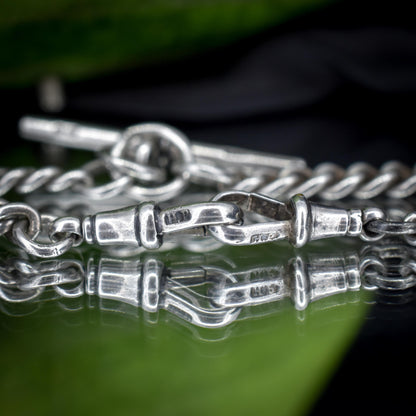 Antique 14.5" Sterling Silver Curb Link Albert Watch Chain Necklace with T-Bar and Dog Clips