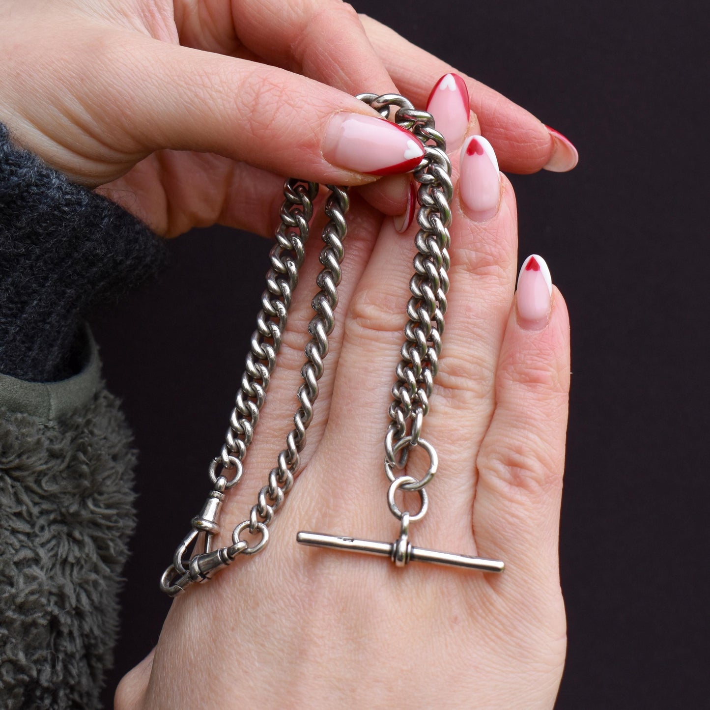 Antique 14.5" Sterling Silver Curb Link Albert Watch Chain Necklace with T-Bar and Dog Clips