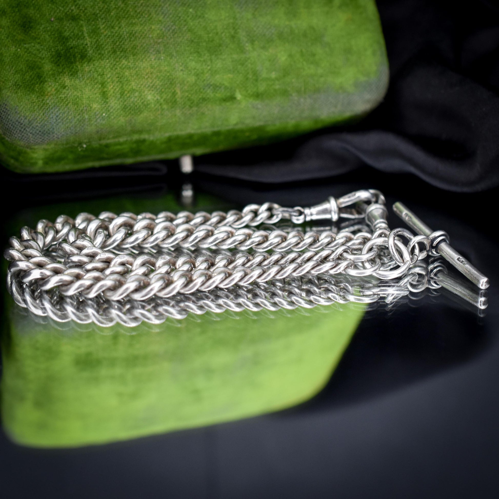 Antique 14.5" Sterling Silver Curb Link Albert Watch Chain Necklace with T-Bar and Dog Clips