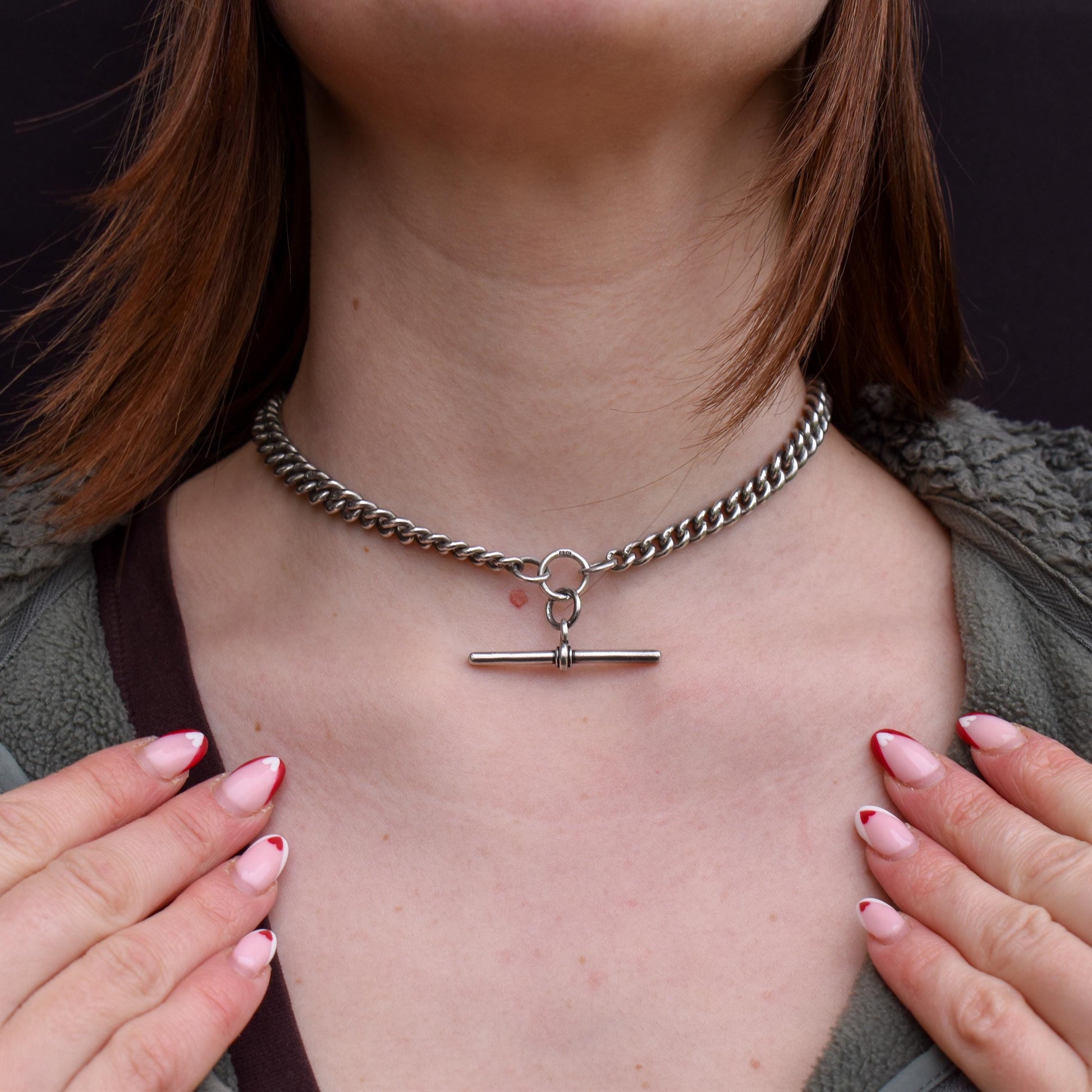 Antique 14.5" Sterling Silver Curb Link Albert Watch Chain Necklace with T-Bar and Dog Clips