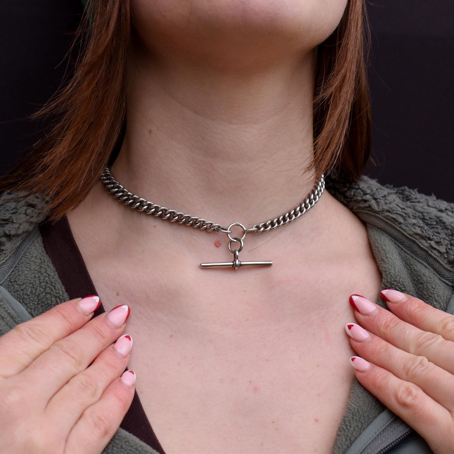 Antique 14.5" Sterling Silver Curb Link Albert Watch Chain Necklace with T-Bar and Dog Clips