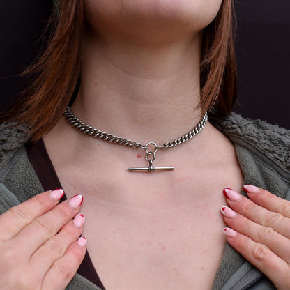 Antique 14.5" Sterling Silver Curb Link Albert Watch Chain Necklace with T-Bar and Dog Clips