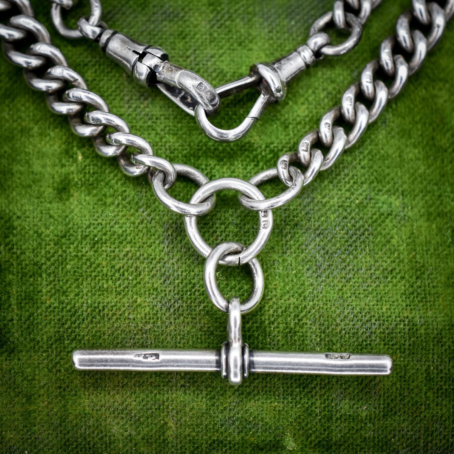 Antique 14.5" Sterling Silver Curb Link Albert Watch Chain Necklace with T-Bar and Dog Clips