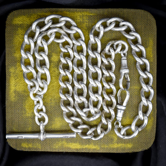 Antique 81.1g Silver Curb Link Albert Watch Chain Necklace with T-Bar and Dog Clips – 19.5"