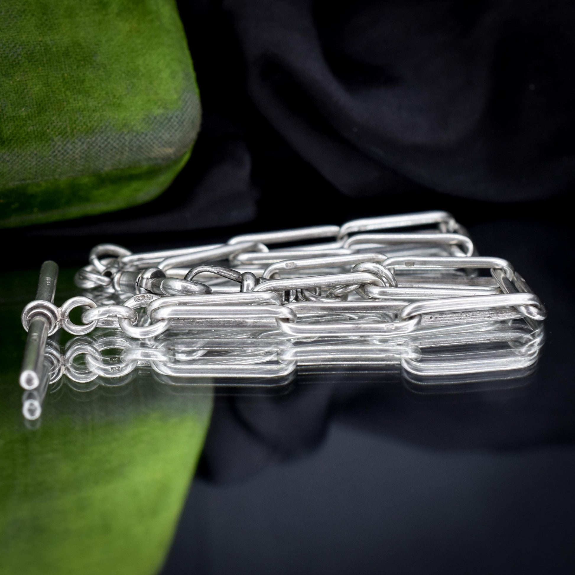 Antique Sterling Silver Paperlink Trombone Watch Chain with Dog Clips and T Bar | 16.5"