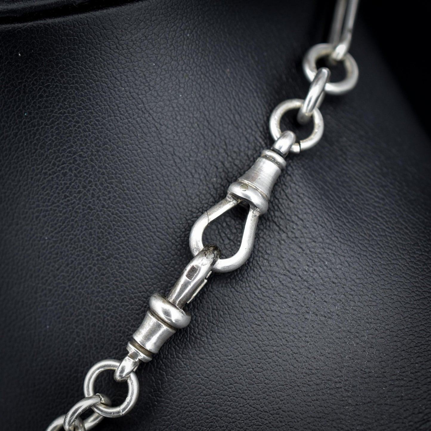 Antique Sterling Silver Paperlink Trombone Watch Chain with Dog Clips and T Bar | 16.5"