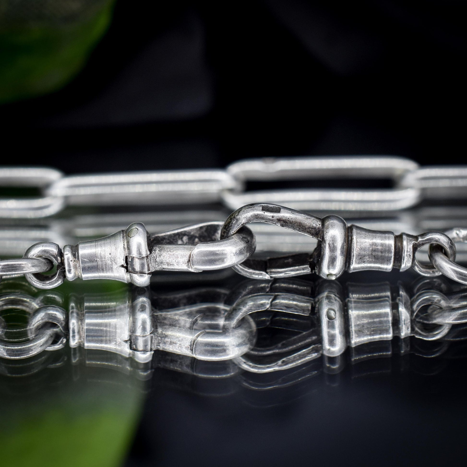 Antique Sterling Silver Paperlink Trombone Watch Chain with Dog Clips and T Bar | 16.5"